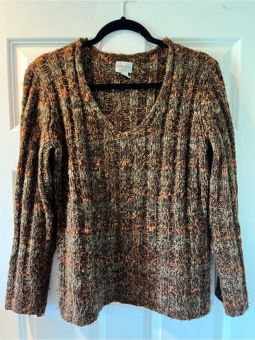 Chico's Brown Multicolor Ribbed V-Neck Sweater with Cream & Orange Flecks